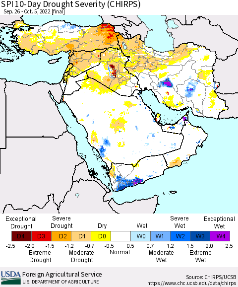 Middle East and Turkey SPI 10-Day Drought Severity (CHIRPS) Thematic Map For 9/26/2022 - 10/5/2022