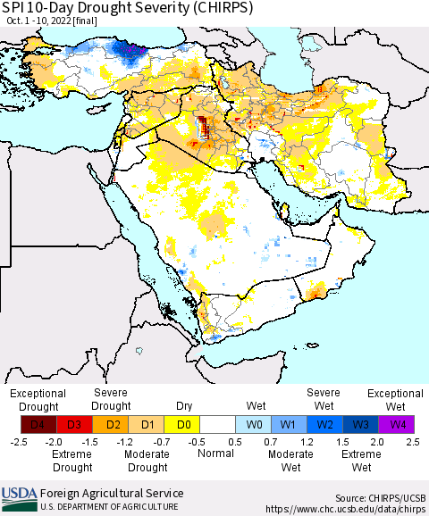 Middle East and Turkey SPI 10-Day Drought Severity (CHIRPS) Thematic Map For 10/1/2022 - 10/10/2022