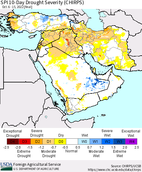 Middle East and Turkey SPI 10-Day Drought Severity (CHIRPS) Thematic Map For 10/6/2022 - 10/15/2022