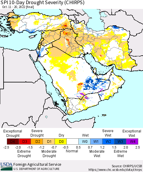 Middle East and Turkey SPI 10-Day Drought Severity (CHIRPS) Thematic Map For 10/11/2022 - 10/20/2022