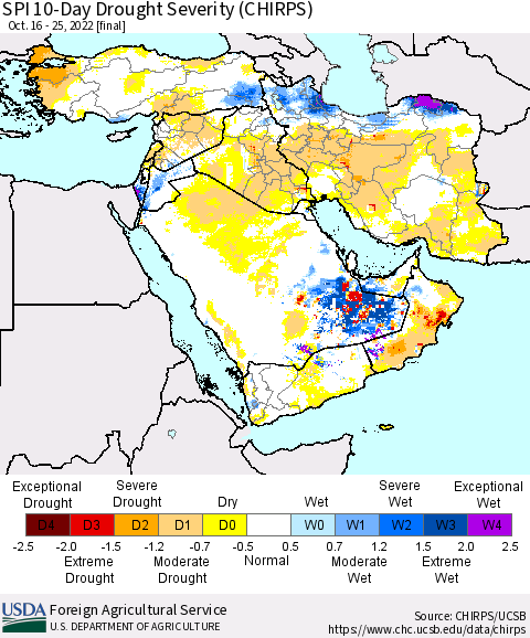 Middle East and Turkey SPI 10-Day Drought Severity (CHIRPS) Thematic Map For 10/16/2022 - 10/25/2022