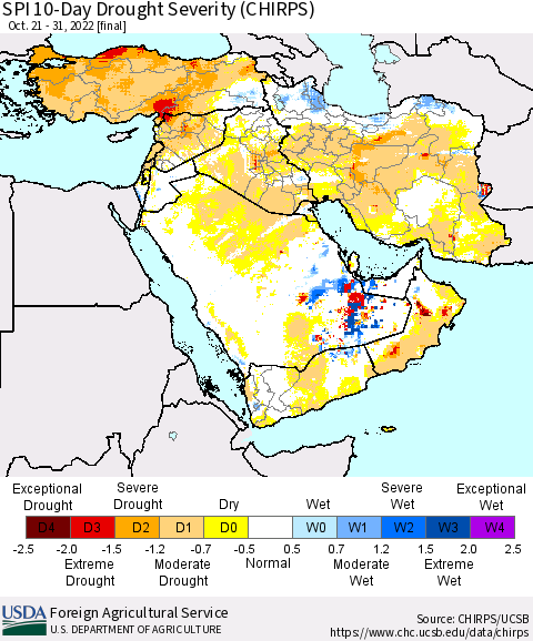 Middle East and Turkey SPI 10-Day Drought Severity (CHIRPS) Thematic Map For 10/21/2022 - 10/31/2022