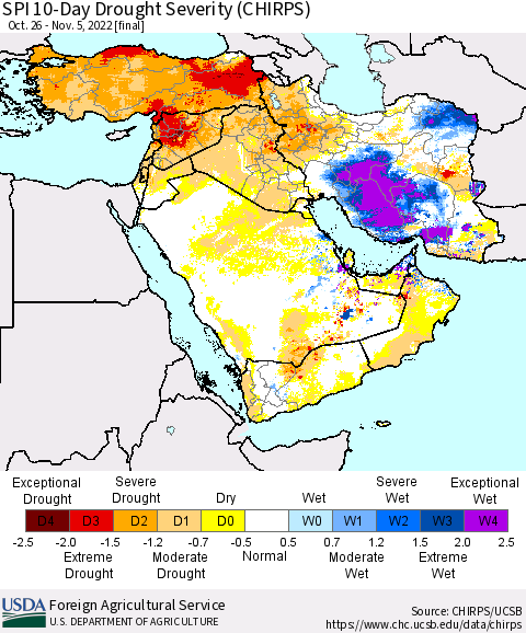 Middle East and Turkey SPI 10-Day Drought Severity (CHIRPS) Thematic Map For 10/26/2022 - 11/5/2022