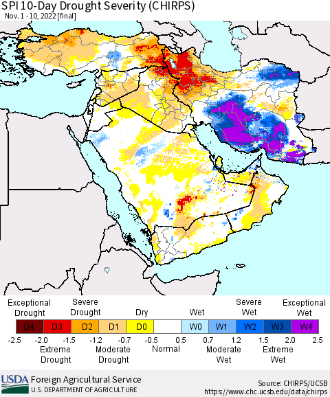 Middle East and Turkey SPI 10-Day Drought Severity (CHIRPS) Thematic Map For 11/1/2022 - 11/10/2022
