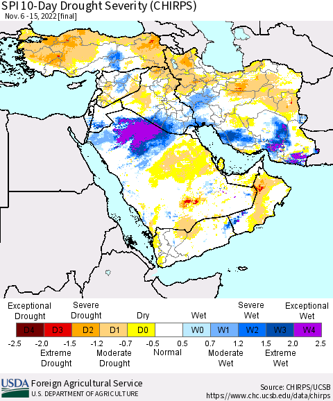 Middle East and Turkey SPI 10-Day Drought Severity (CHIRPS) Thematic Map For 11/6/2022 - 11/15/2022
