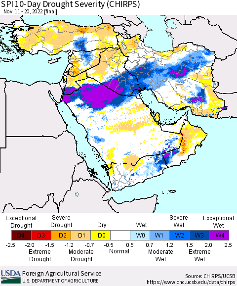 Middle East and Turkey SPI 10-Day Drought Severity (CHIRPS) Thematic Map For 11/11/2022 - 11/20/2022