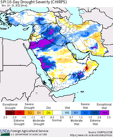 Middle East and Turkey SPI 10-Day Drought Severity (CHIRPS) Thematic Map For 11/16/2022 - 11/25/2022