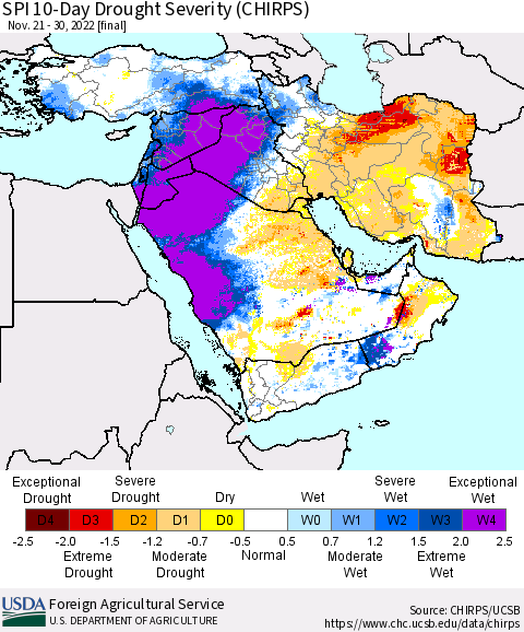Middle East and Turkey SPI 10-Day Drought Severity (CHIRPS) Thematic Map For 11/21/2022 - 11/30/2022