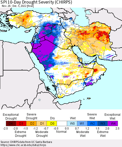 Middle East and Turkey SPI 10-Day Drought Severity (CHIRPS) Thematic Map For 11/26/2022 - 12/5/2022