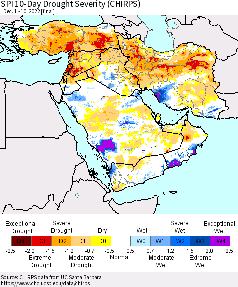 Middle East and Turkey SPI 10-Day Drought Severity (CHIRPS) Thematic Map For 12/1/2022 - 12/10/2022