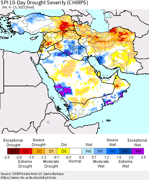 Middle East and Turkey SPI 10-Day Drought Severity (CHIRPS) Thematic Map For 12/6/2022 - 12/15/2022
