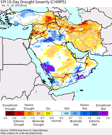 Middle East and Turkey SPI 10-Day Drought Severity (CHIRPS) Thematic Map For 12/11/2022 - 12/20/2022