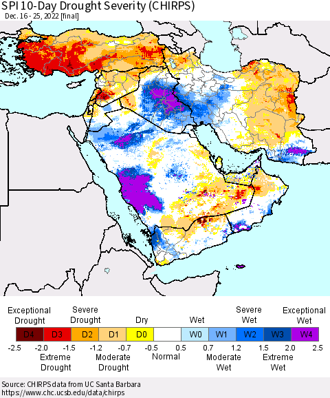Middle East and Turkey SPI 10-Day Drought Severity (CHIRPS) Thematic Map For 12/16/2022 - 12/25/2022