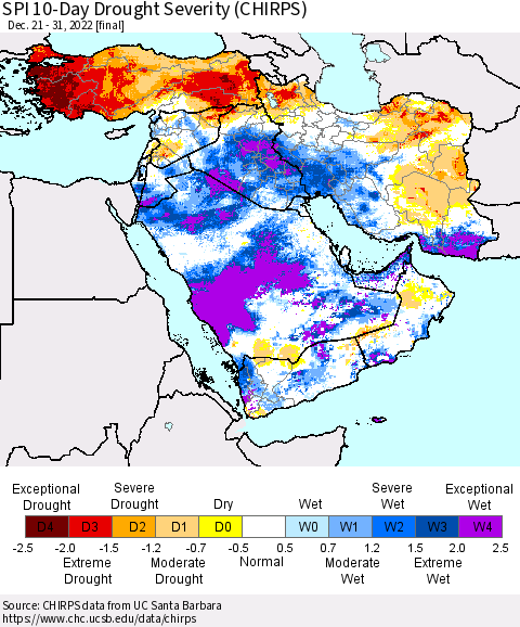 Middle East and Turkey SPI 10-Day Drought Severity (CHIRPS) Thematic Map For 12/21/2022 - 12/31/2022