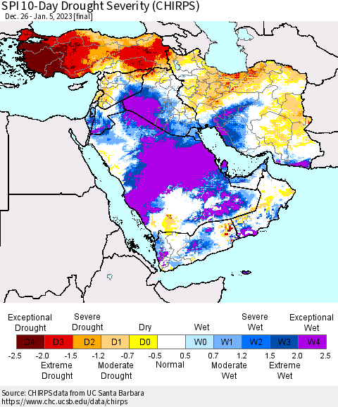 Middle East and Turkey SPI 10-Day Drought Severity (CHIRPS) Thematic Map For 12/26/2022 - 1/5/2023