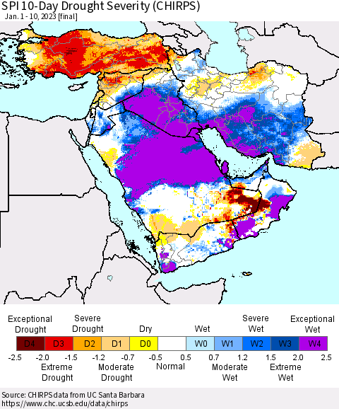 Middle East and Turkey SPI 10-Day Drought Severity (CHIRPS) Thematic Map For 1/1/2023 - 1/10/2023