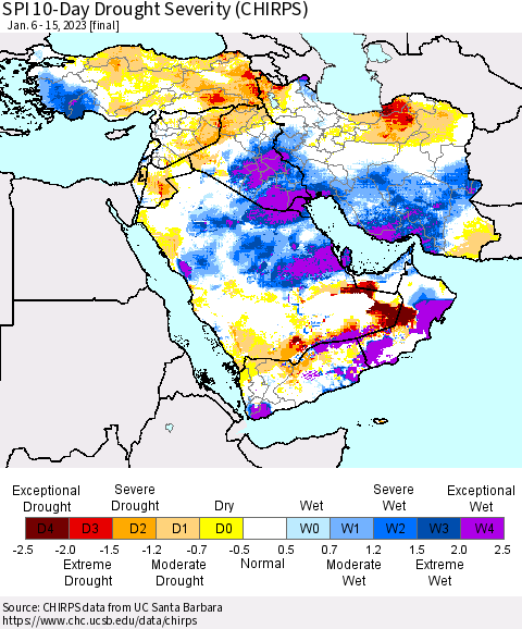 Middle East and Turkey SPI 10-Day Drought Severity (CHIRPS) Thematic Map For 1/6/2023 - 1/15/2023