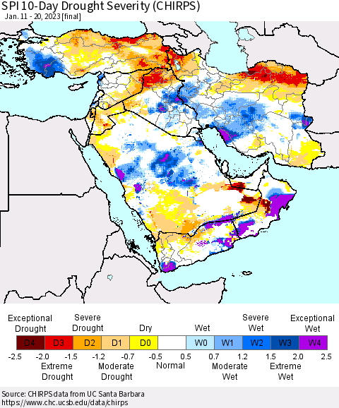 Middle East and Turkey SPI 10-Day Drought Severity (CHIRPS) Thematic Map For 1/11/2023 - 1/20/2023