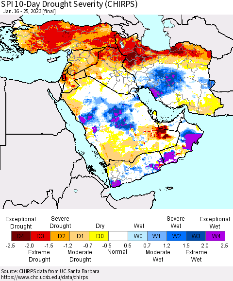 Middle East and Turkey SPI 10-Day Drought Severity (CHIRPS) Thematic Map For 1/16/2023 - 1/25/2023