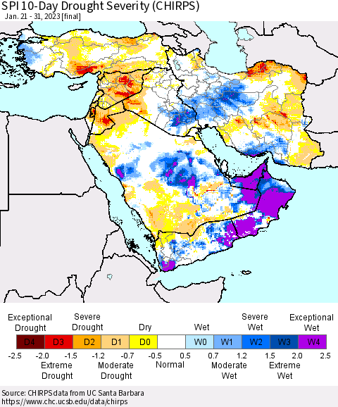 Middle East and Turkey SPI 10-Day Drought Severity (CHIRPS) Thematic Map For 1/21/2023 - 1/31/2023