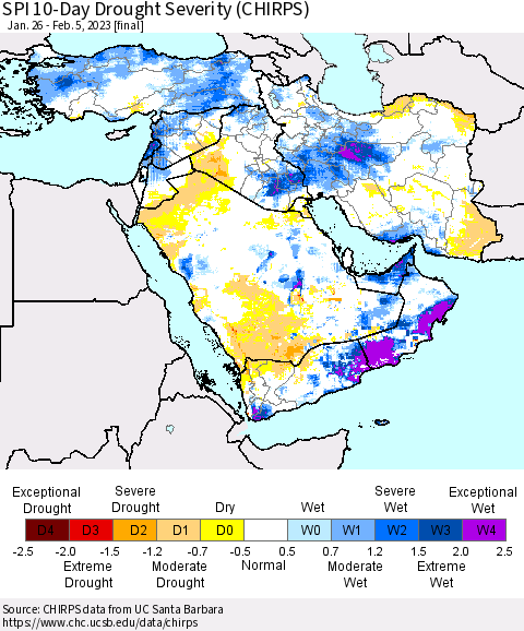 Middle East and Turkey SPI 10-Day Drought Severity (CHIRPS) Thematic Map For 1/26/2023 - 2/5/2023