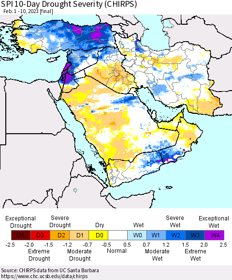Middle East and Turkey SPI 10-Day Drought Severity (CHIRPS) Thematic Map For 2/1/2023 - 2/10/2023