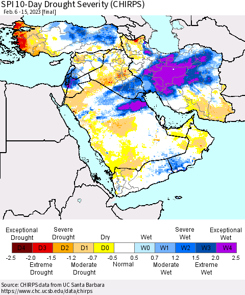Middle East and Turkey SPI 10-Day Drought Severity (CHIRPS) Thematic Map For 2/6/2023 - 2/15/2023