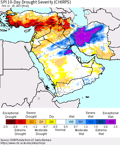 Middle East and Turkey SPI 10-Day Drought Severity (CHIRPS) Thematic Map For 2/11/2023 - 2/20/2023