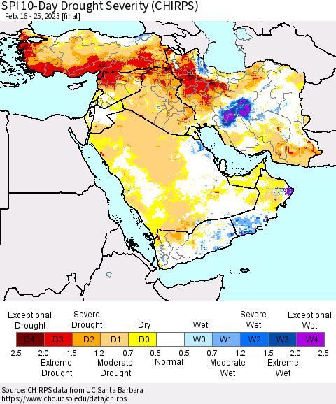 Middle East and Turkey SPI 10-Day Drought Severity (CHIRPS) Thematic Map For 2/16/2023 - 2/25/2023