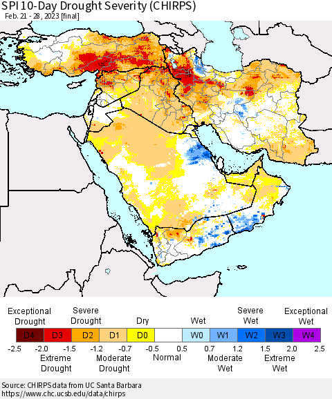 Middle East and Turkey SPI 10-Day Drought Severity (CHIRPS) Thematic Map For 2/21/2023 - 2/28/2023
