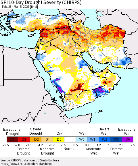 Middle East and Turkey SPI 10-Day Drought Severity (CHIRPS) Thematic Map For 2/26/2023 - 3/5/2023