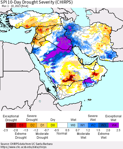Middle East and Turkey SPI 10-Day Drought Severity (CHIRPS) Thematic Map For 3/1/2023 - 3/10/2023