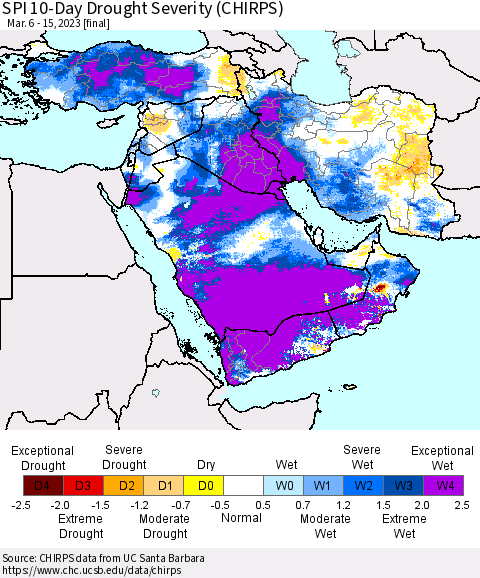 Middle East and Turkey SPI 10-Day Drought Severity (CHIRPS) Thematic Map For 3/6/2023 - 3/15/2023