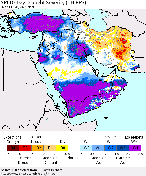 Middle East and Turkey SPI 10-Day Drought Severity (CHIRPS) Thematic Map For 3/11/2023 - 3/20/2023