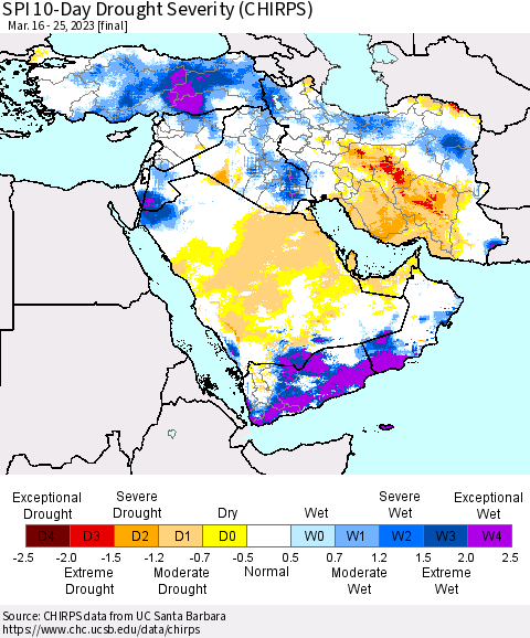 Middle East and Turkey SPI 10-Day Drought Severity (CHIRPS) Thematic Map For 3/16/2023 - 3/25/2023