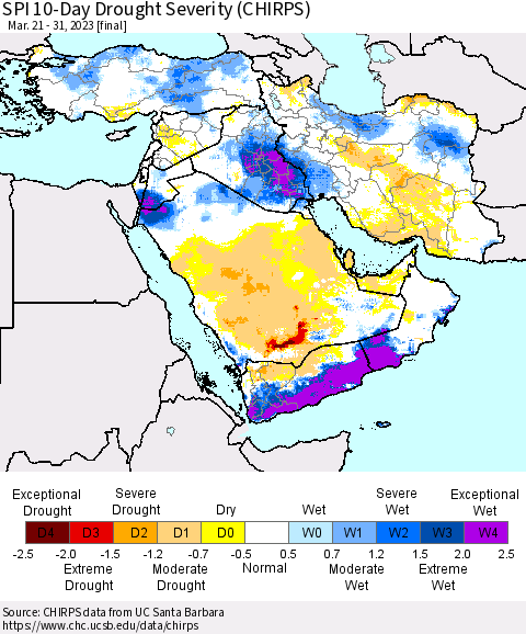 Middle East and Turkey SPI 10-Day Drought Severity (CHIRPS) Thematic Map For 3/21/2023 - 3/31/2023