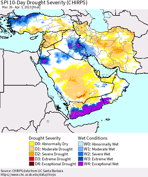Middle East and Turkey SPI 10-Day Drought Severity (CHIRPS) Thematic Map For 3/26/2023 - 4/5/2023