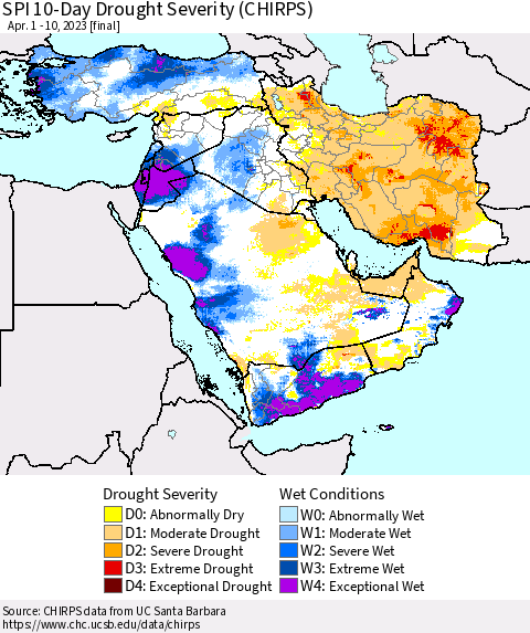 Middle East and Turkey SPI 10-Day Drought Severity (CHIRPS) Thematic Map For 4/1/2023 - 4/10/2023