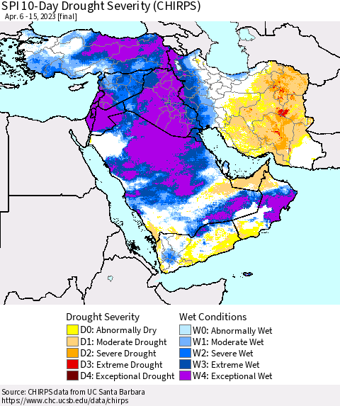 Middle East and Turkey SPI 10-Day Drought Severity (CHIRPS) Thematic Map For 4/6/2023 - 4/15/2023