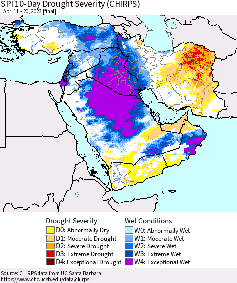 Middle East and Turkey SPI 10-Day Drought Severity (CHIRPS) Thematic Map For 4/11/2023 - 4/20/2023
