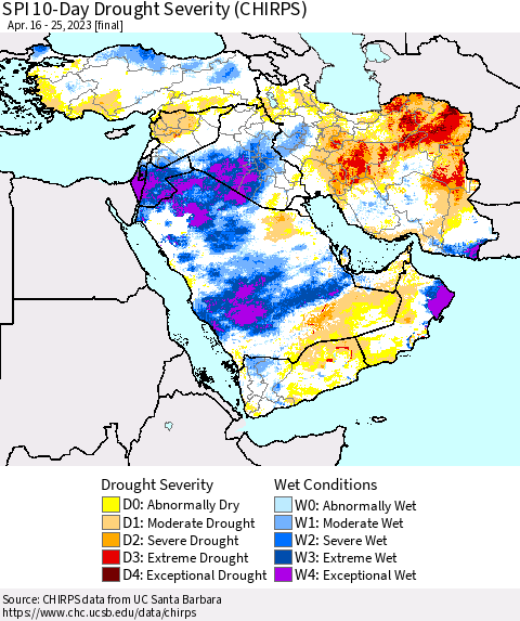 Middle East and Turkey SPI 10-Day Drought Severity (CHIRPS) Thematic Map For 4/16/2023 - 4/25/2023