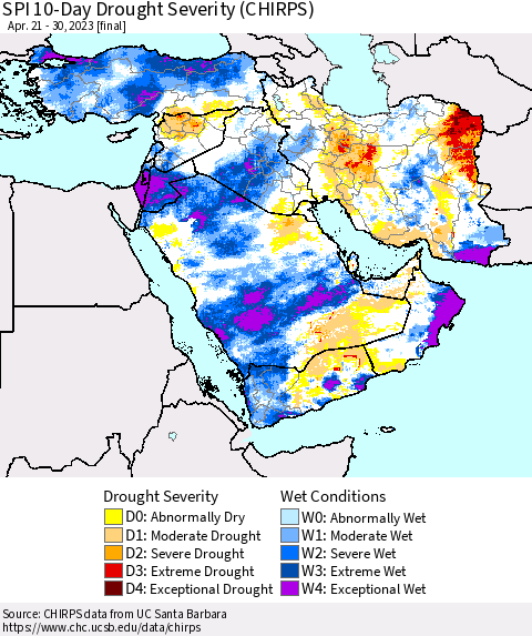 Middle East and Turkey SPI 10-Day Drought Severity (CHIRPS) Thematic Map For 4/21/2023 - 4/30/2023