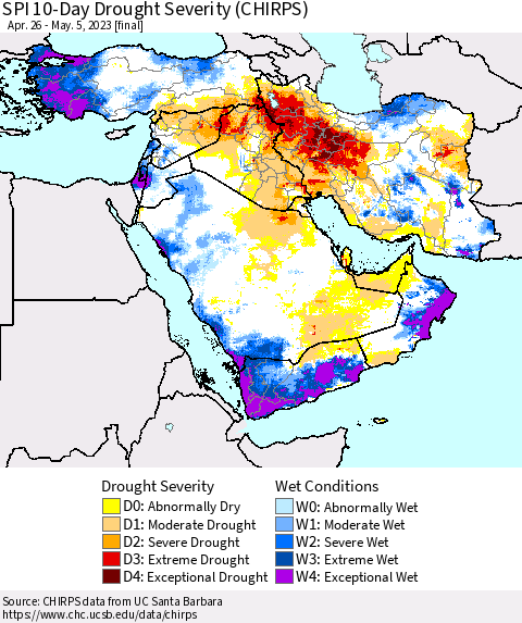 Middle East and Turkey SPI 10-Day Drought Severity (CHIRPS) Thematic Map For 4/26/2023 - 5/5/2023