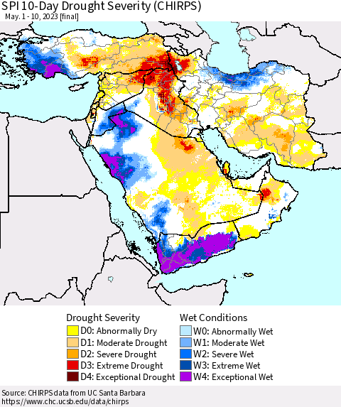 Middle East and Turkey SPI 10-Day Drought Severity (CHIRPS) Thematic Map For 5/1/2023 - 5/10/2023