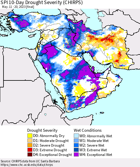 Middle East and Turkey SPI 10-Day Drought Severity (CHIRPS) Thematic Map For 5/11/2023 - 5/20/2023