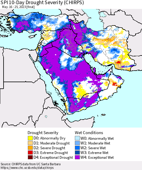 Middle East and Turkey SPI 10-Day Drought Severity (CHIRPS) Thematic Map For 5/16/2023 - 5/25/2023