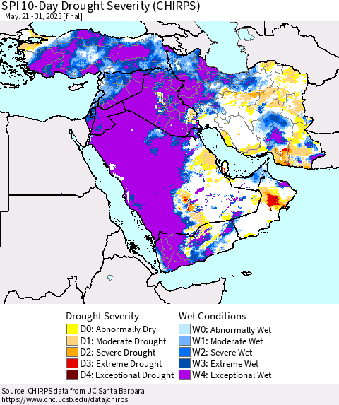 Middle East and Turkey SPI 10-Day Drought Severity (CHIRPS) Thematic Map For 5/21/2023 - 5/31/2023