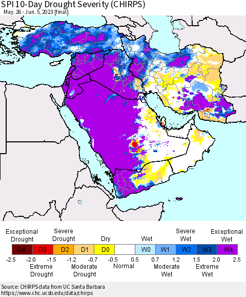 Middle East and Turkey SPI 10-Day Drought Severity (CHIRPS) Thematic Map For 5/26/2023 - 6/5/2023