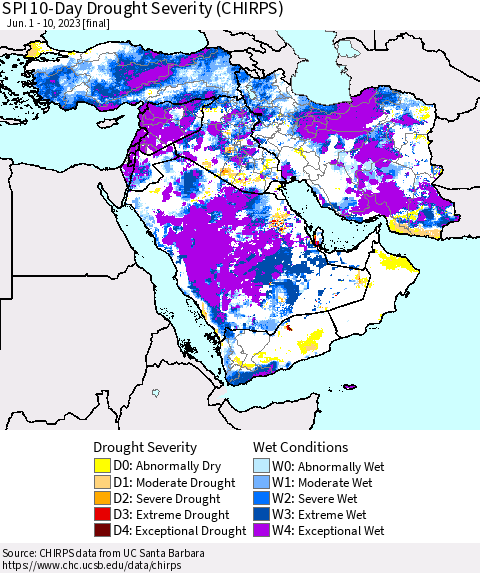 Middle East and Turkey SPI 10-Day Drought Severity (CHIRPS) Thematic Map For 6/1/2023 - 6/10/2023