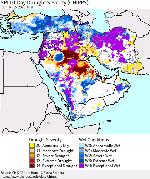 Middle East and Turkey SPI 10-Day Drought Severity (CHIRPS) Thematic Map For 6/6/2023 - 6/15/2023